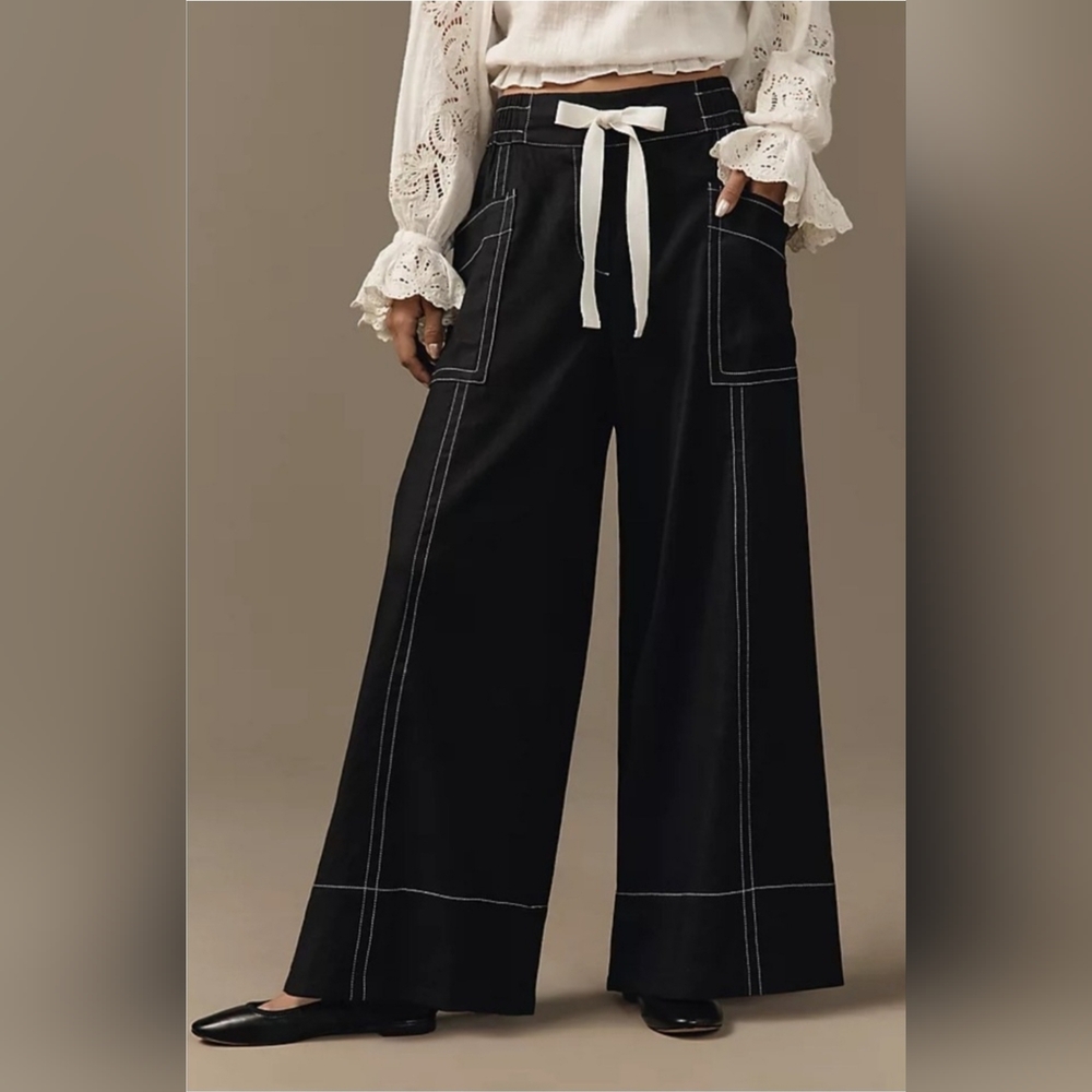 Maeve Tie-Waist Wide Leg Pants: Contrast Stitch Edition